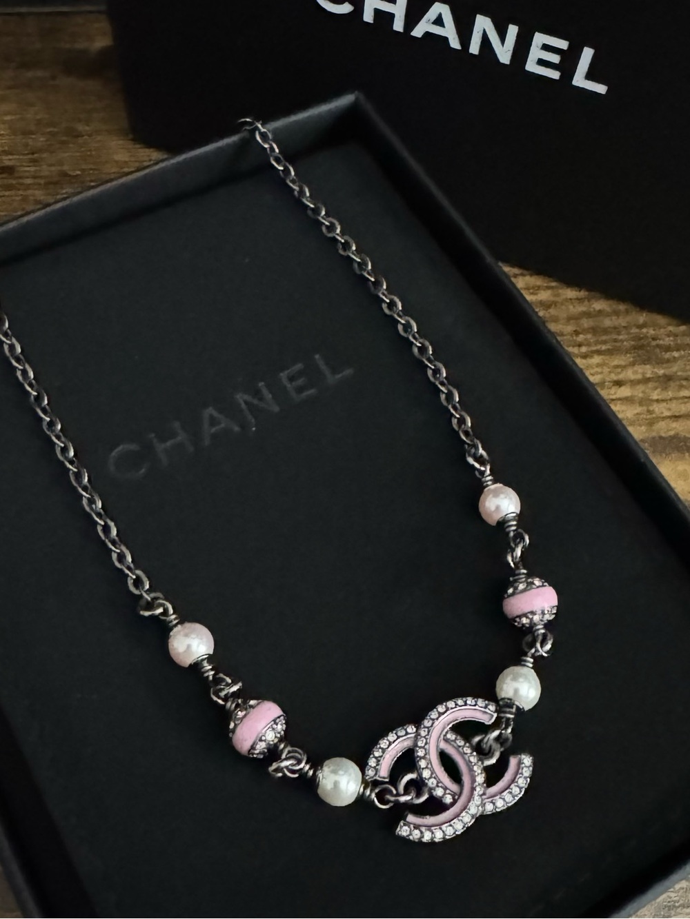 CHANEL 2025 Crystal CC Pink Pearl Gun Metal Choker Necklace